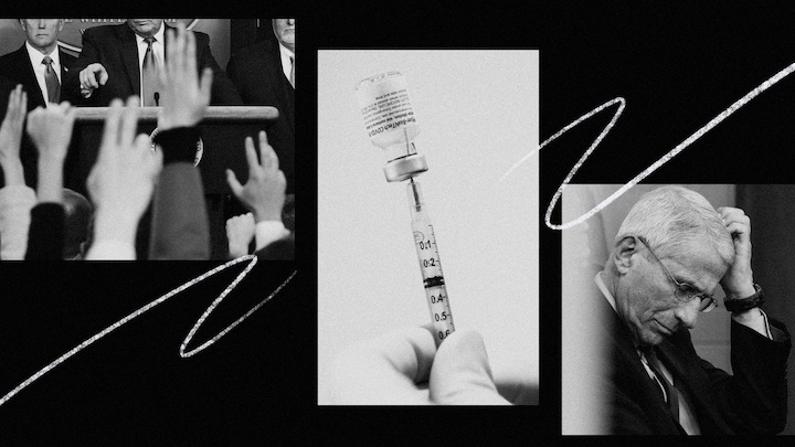 Illustrative photo collage of President Trump at a White House press conference, a vaccine vial, and a pained-looking Dr. Anthony Fauci